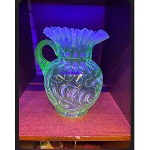 1900 Fenton Jefferson Green Uranium Opalescent Buttons & Braids Pitcher 9"